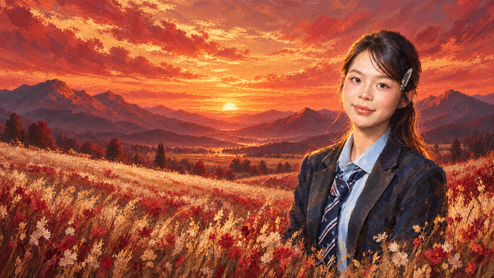 陈璐置身绯红落日山野中的油画肖像